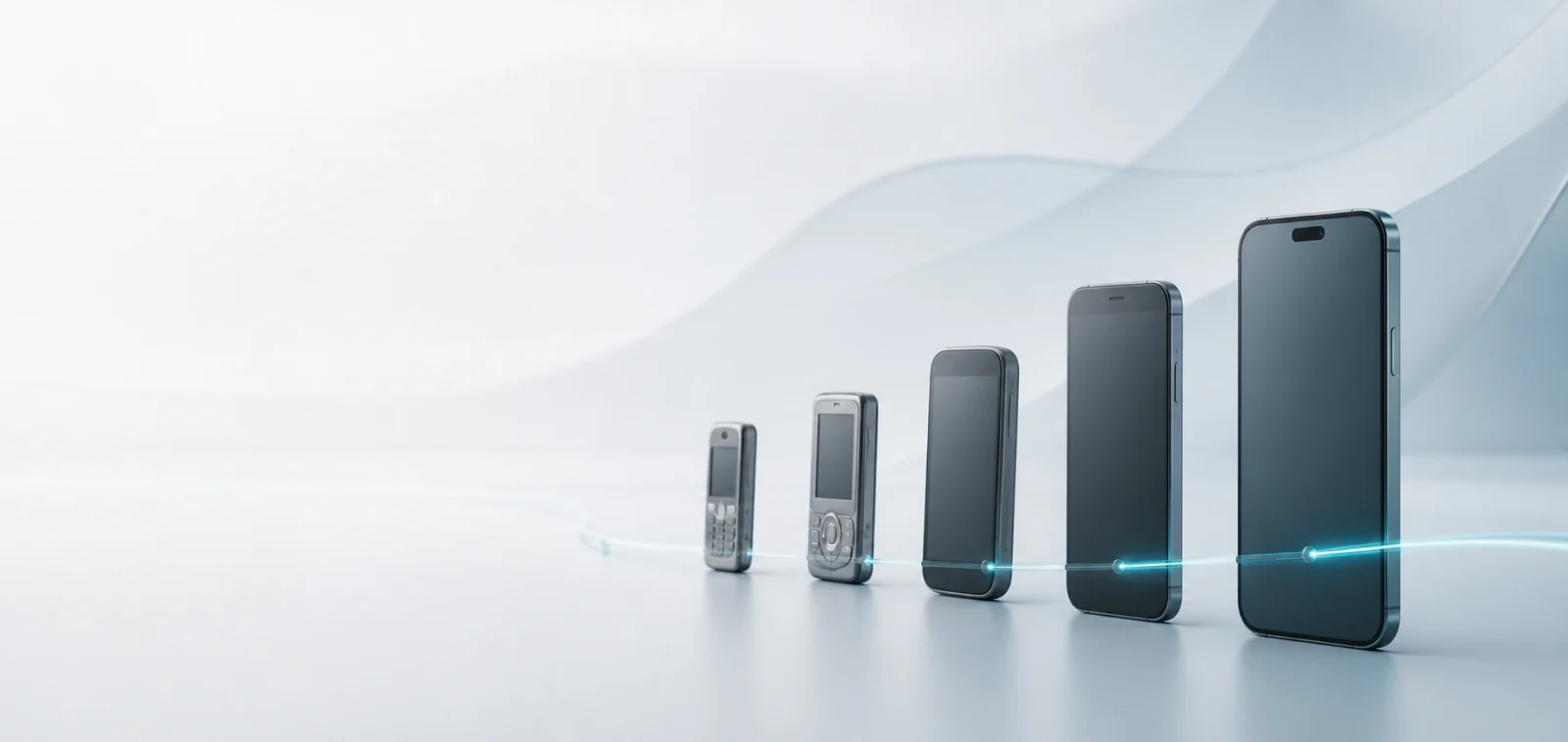An abstract timeline from early mobile phones to a modern smartphone