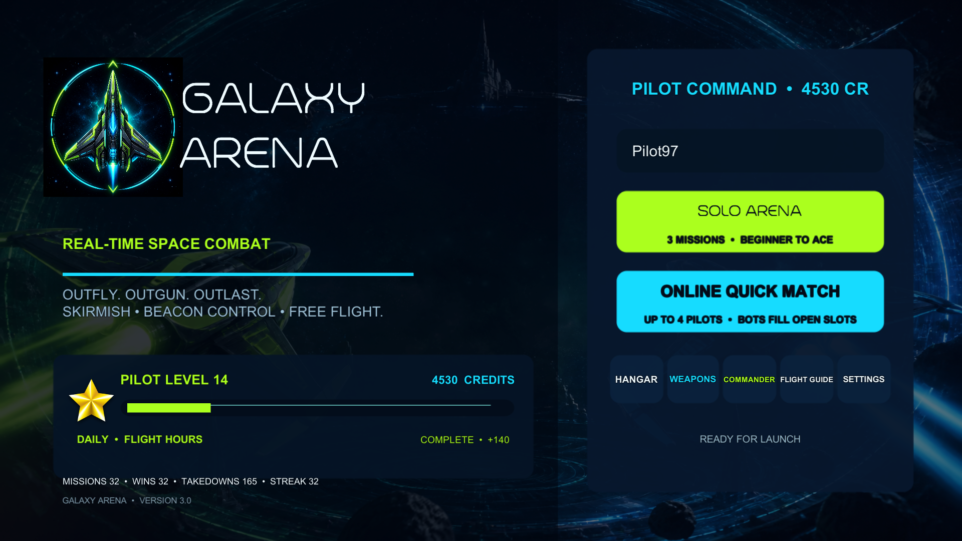 Command screen — Choose solo missions or online quick match.