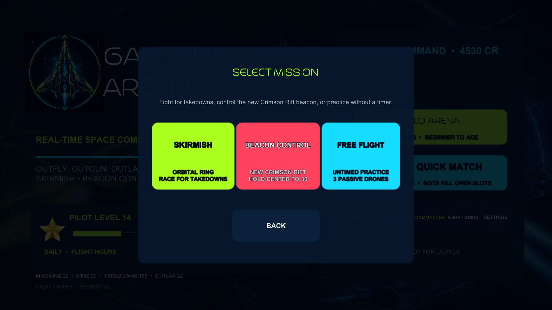 Mission select — Skirmish, Beacon Control, and untimed Free Flight.
