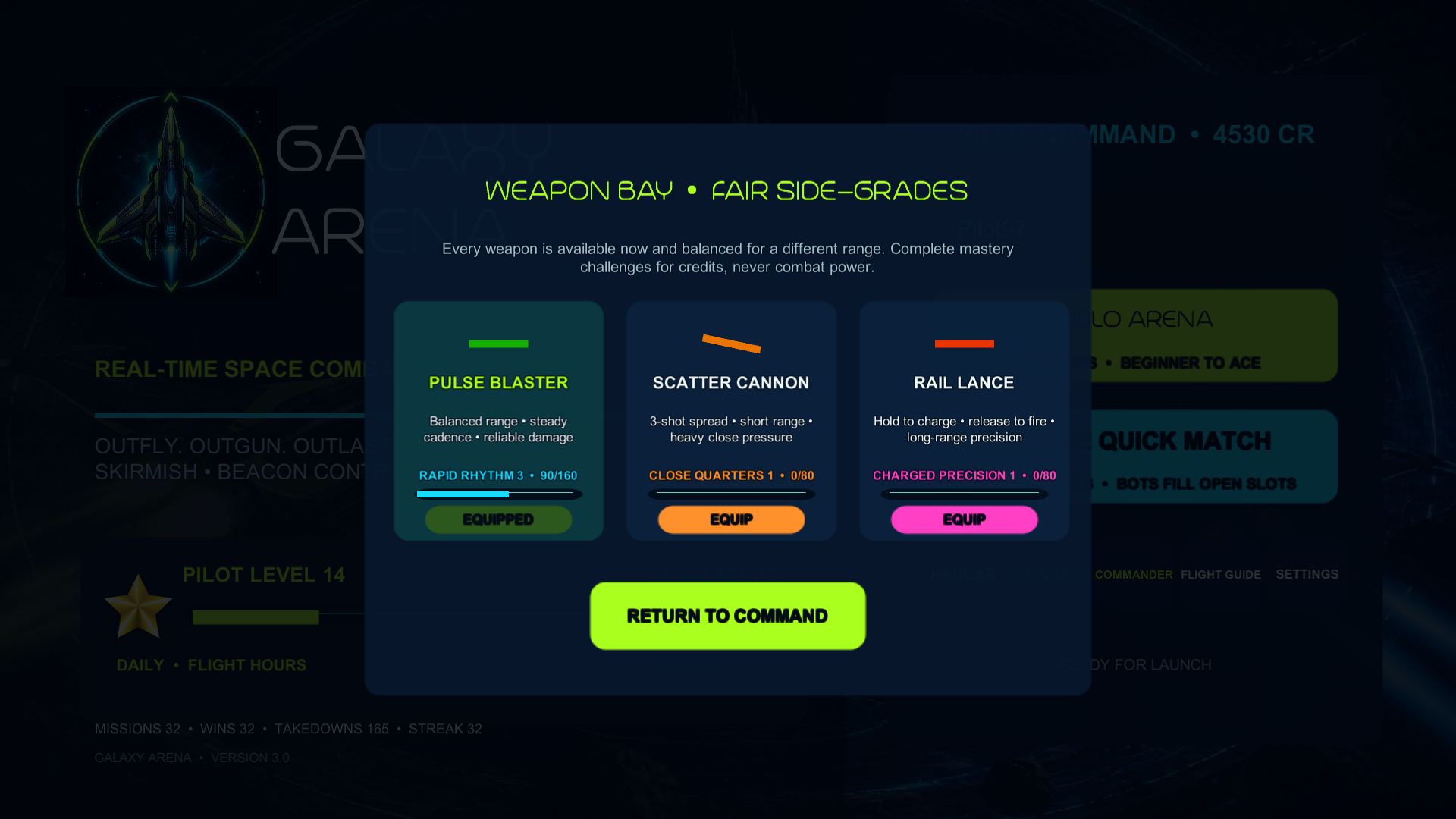 Weapon bay — Three fair weapons with named mastery challenges.