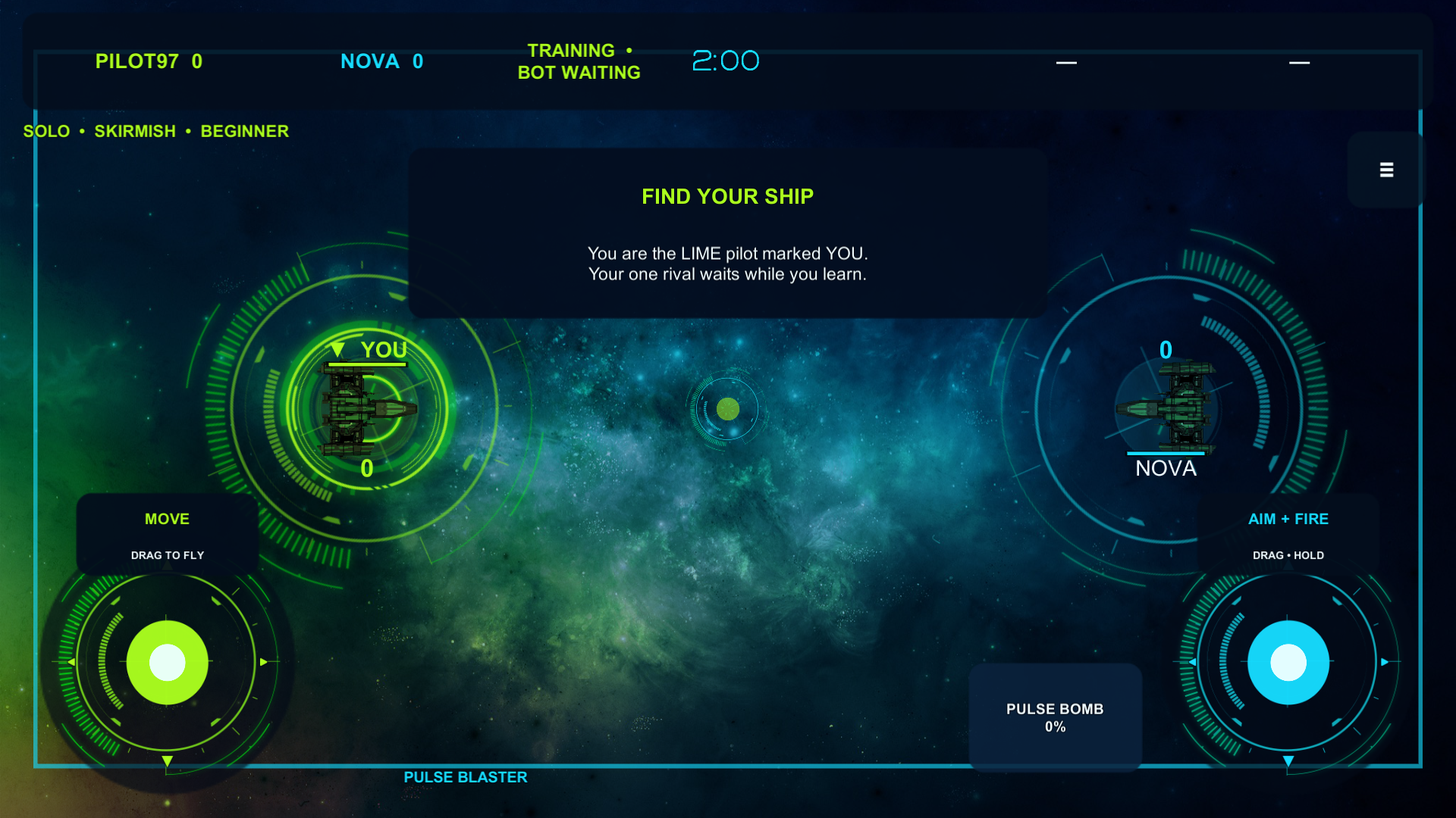 Guided training — Find the ship marked YOU and learn both controls safely.