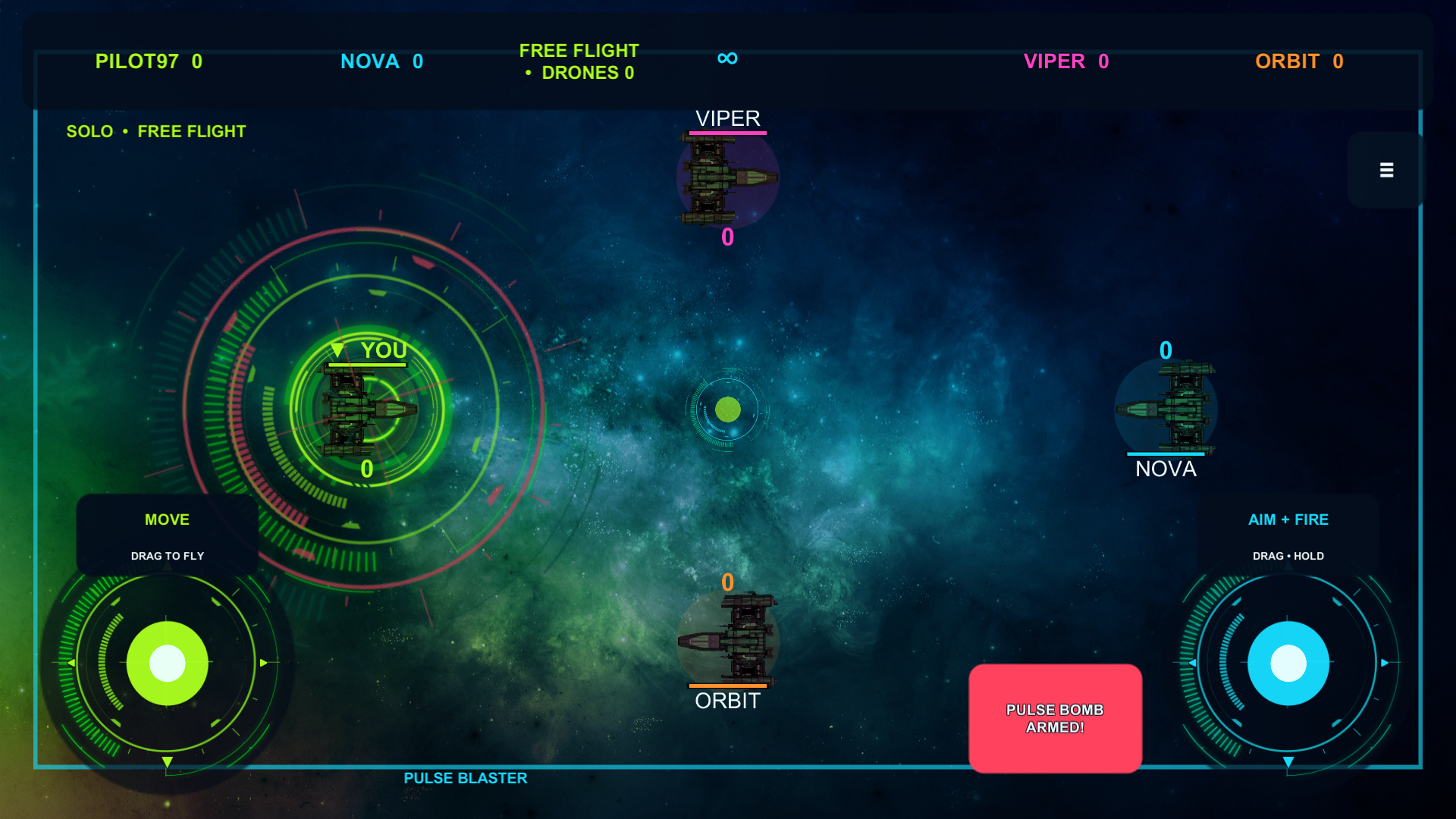 Free Flight — Practice with an infinite timer and armed Pulse Bomb.