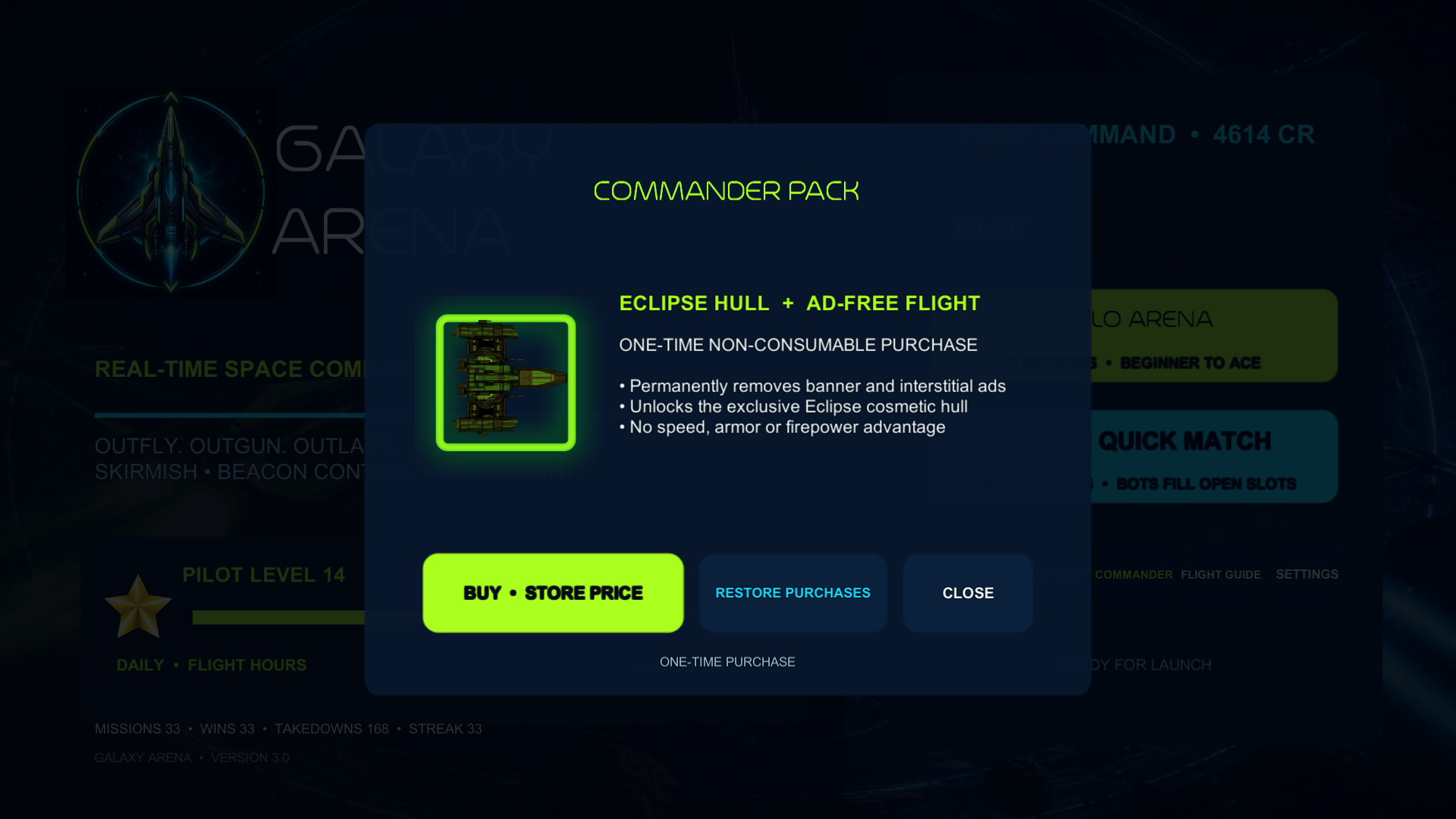Commander Pack — One-time ad removal and a cosmetic Eclipse hull.