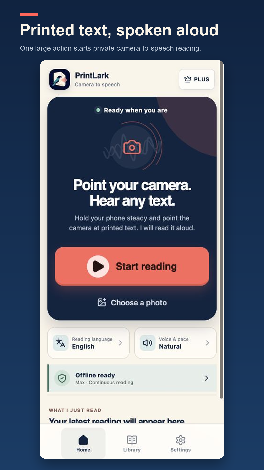 Home screen with one large Start reading button and a Choose a photo option.
