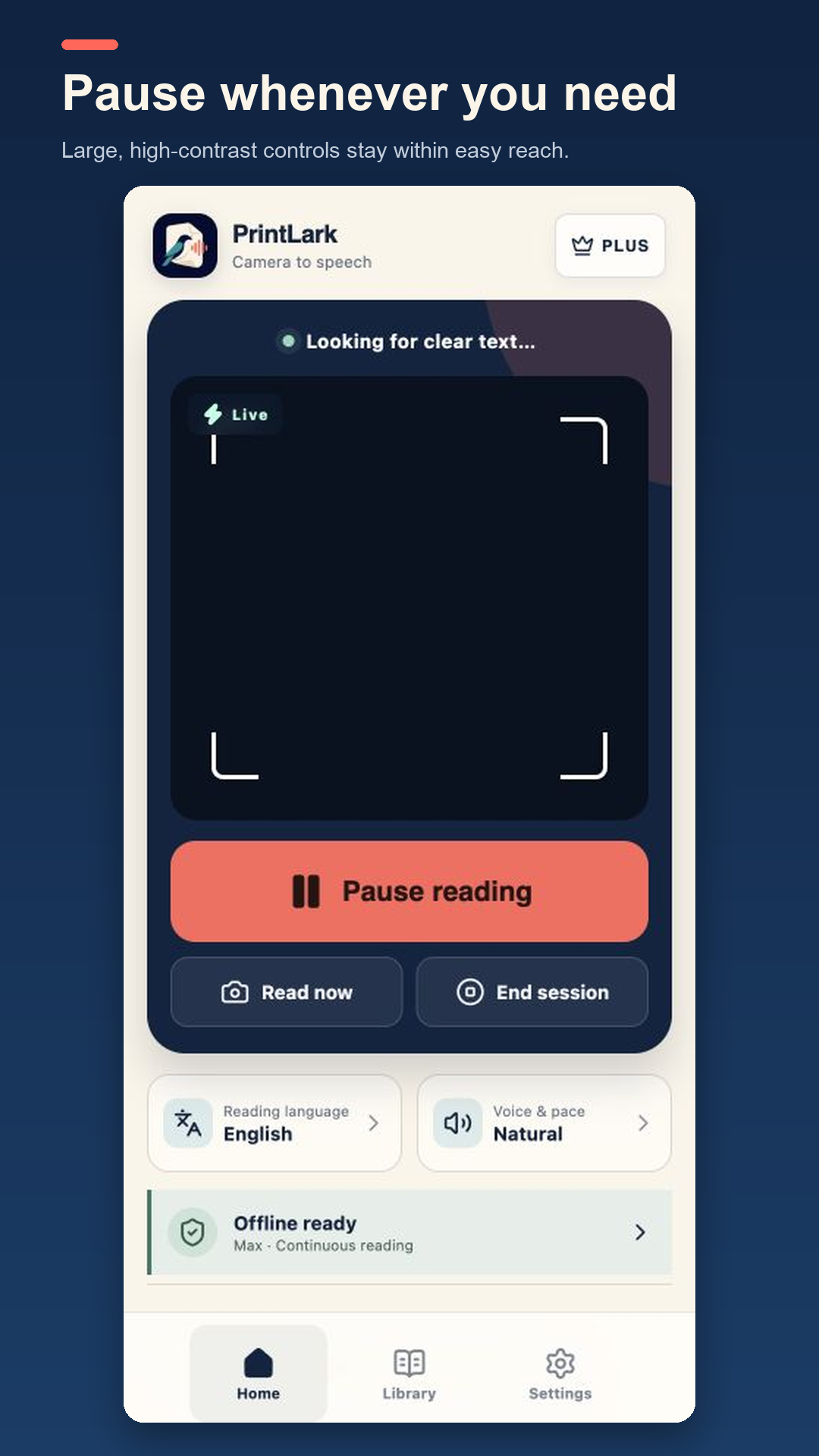 Live camera reading with a large Pause reading button and manual Read now control.