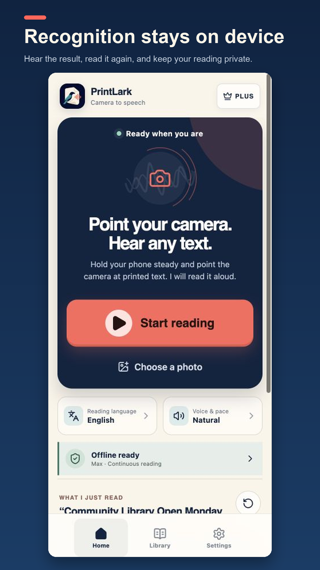 Recognized library notice on the home screen with a large Read again button.