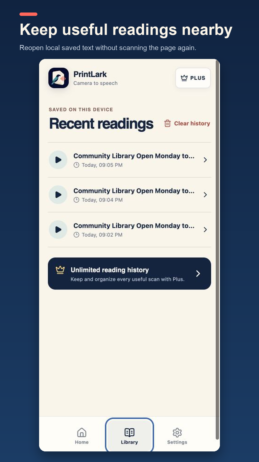 Saved readings listed in the private on-device Library.