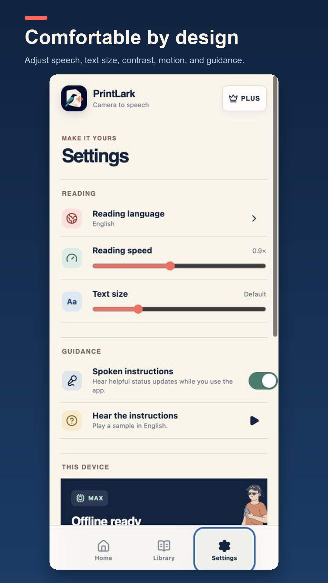 Settings for reading speed, text size, spoken guidance, contrast, and motion.