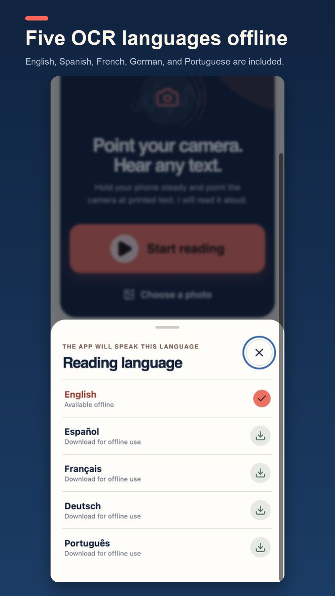 Language selector showing English, Spanish, French, German, and Portuguese OCR options.