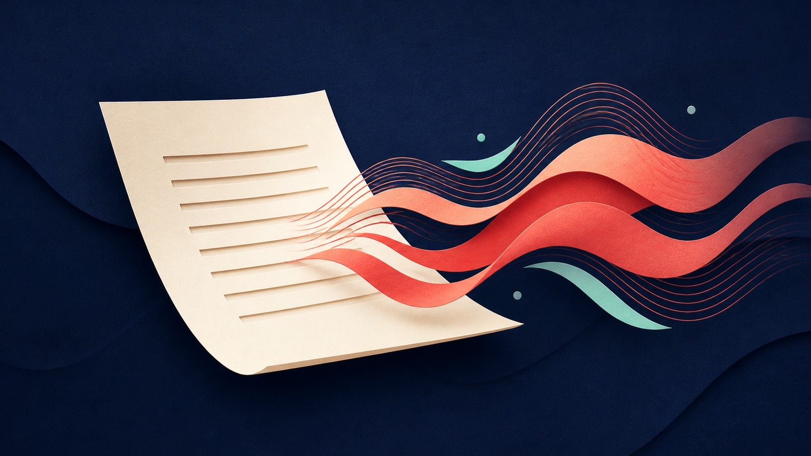 A cream printed page becomes flowing coral sound waves on a deep navy background.