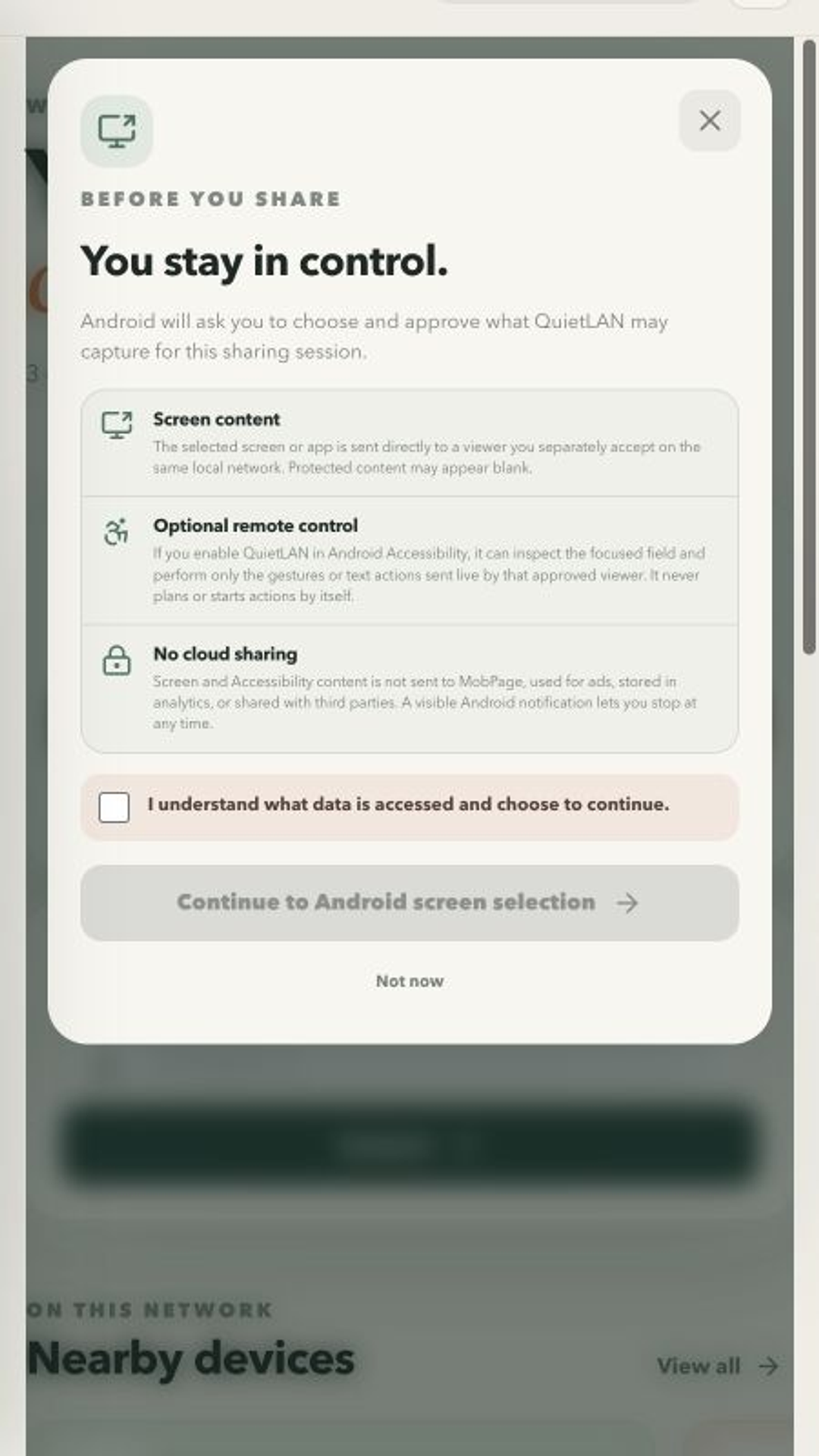 Android hosting uses a prominent disclosure before capture begins.