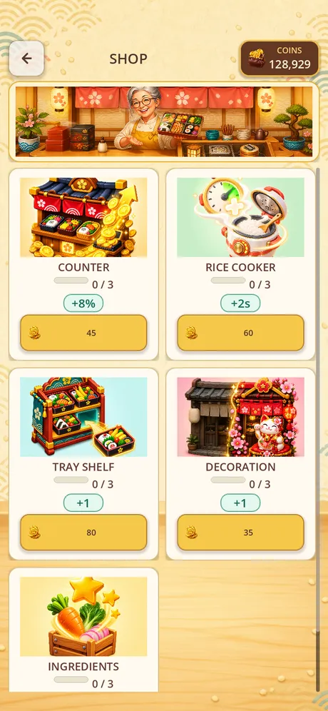 Spend earned coins on visual and gameplay kitchen upgrades.