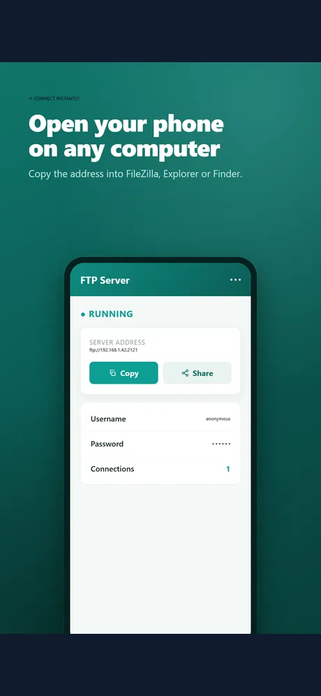 One tap to start a full FTP server