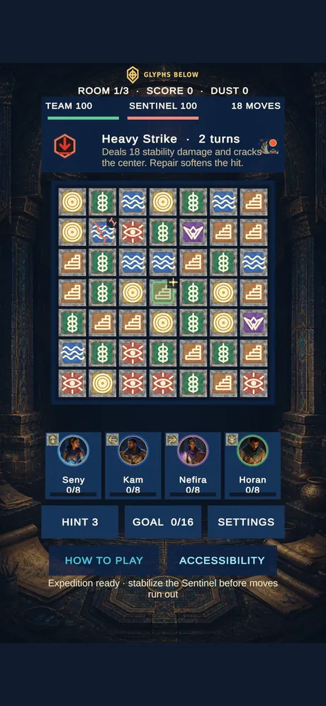 Glyphs Below puzzle board, Sentinel attack and expedition team