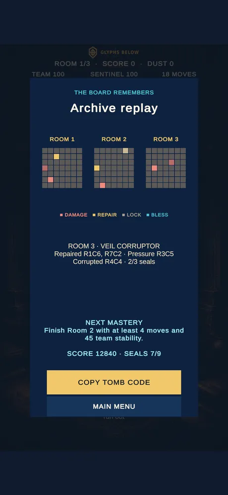 Glyphs Below archive replay showing room damage and repairs