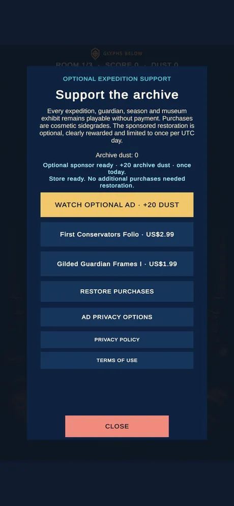 Glyphs Below optional archive support, purchases and privacy options