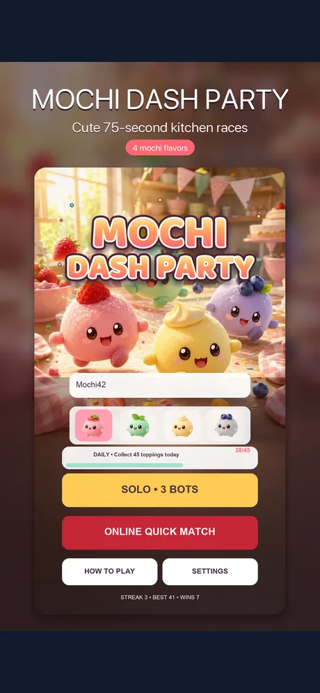Mochi Dash Party menu with character selection, solo play and online quick match
