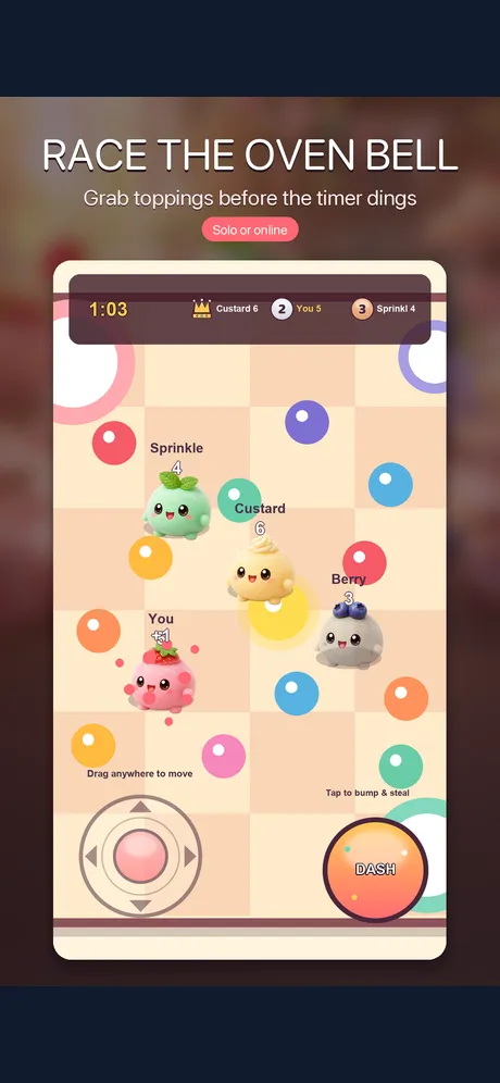 Mochi Dash Party race board with toppings, timer, movement and dash controls