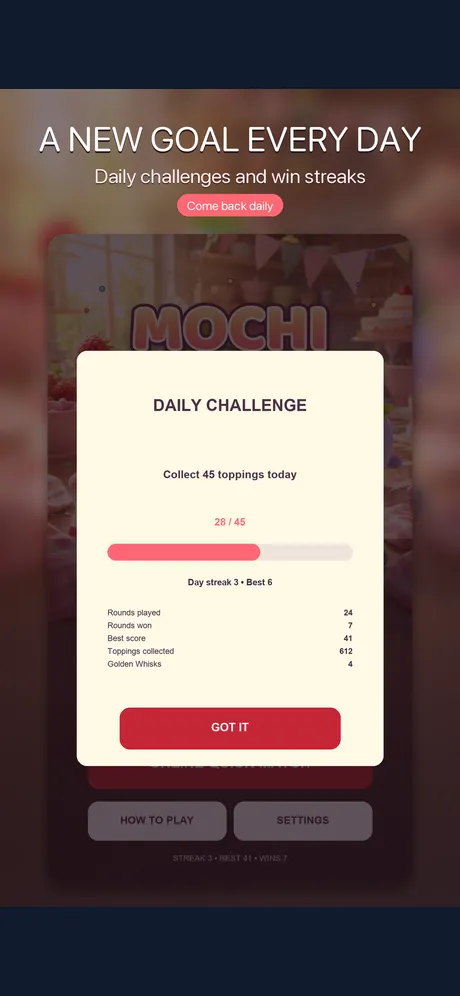 Mochi Dash Party 每日挑戰進度與連勝統計