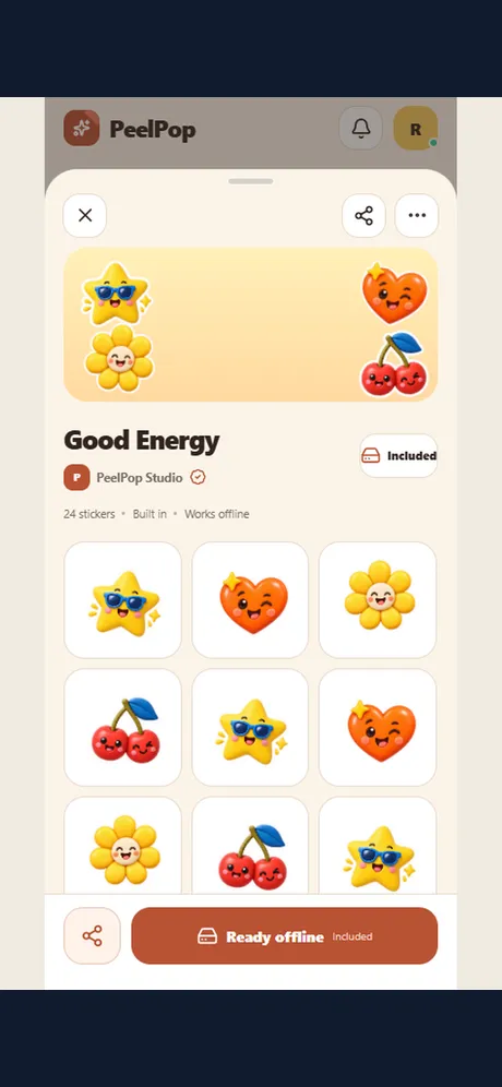 Good Energy built-in pack showing clay-style stickers that work offline.