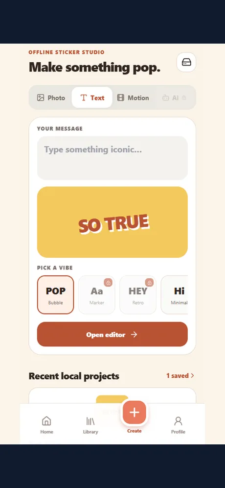 Text sticker studio with a SO TRUE preview and bubble style selected.