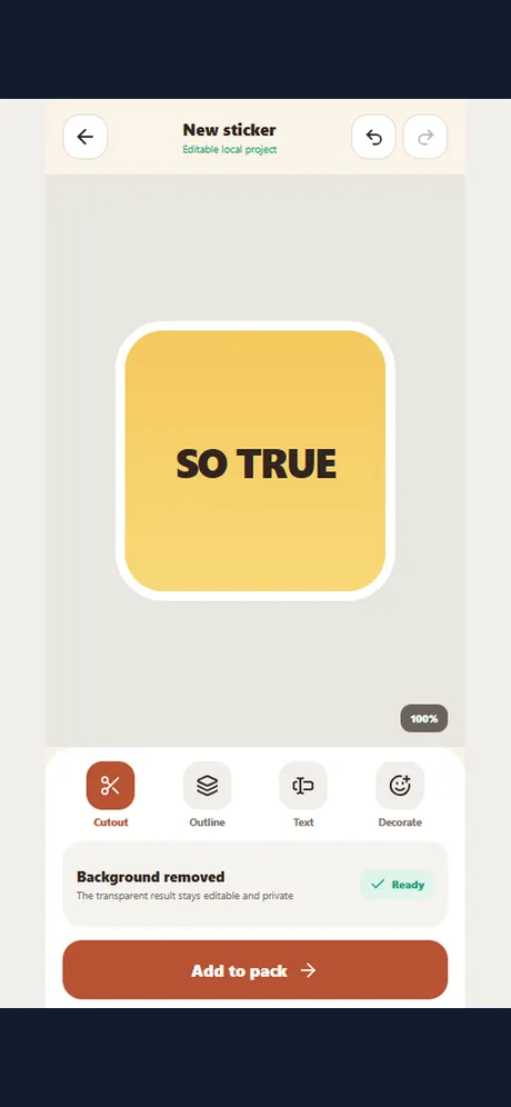 Editor with cutout, outline, text, and decorate tools.