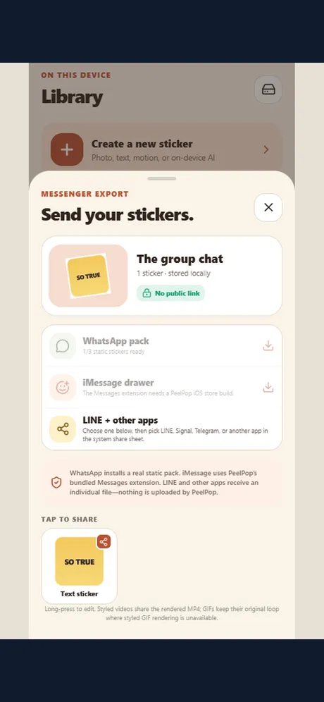 Share sheet for WhatsApp pack install and one-sticker sharing to other chat apps.