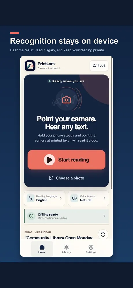 Recognized library notice on the home screen with a large Read again button.