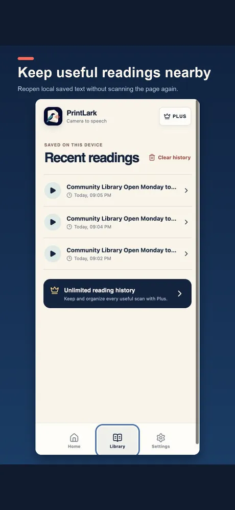 Saved readings listed in the private on-device Library.