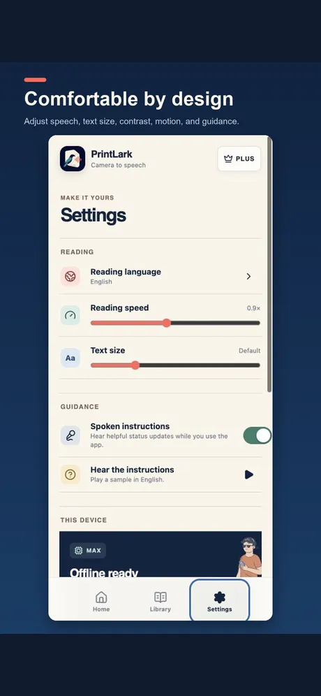 Settings for reading speed, text size, spoken guidance, contrast, and motion.
